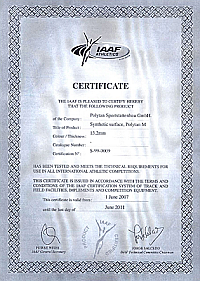 сертификат IAAF на покрытие POLYTAN M